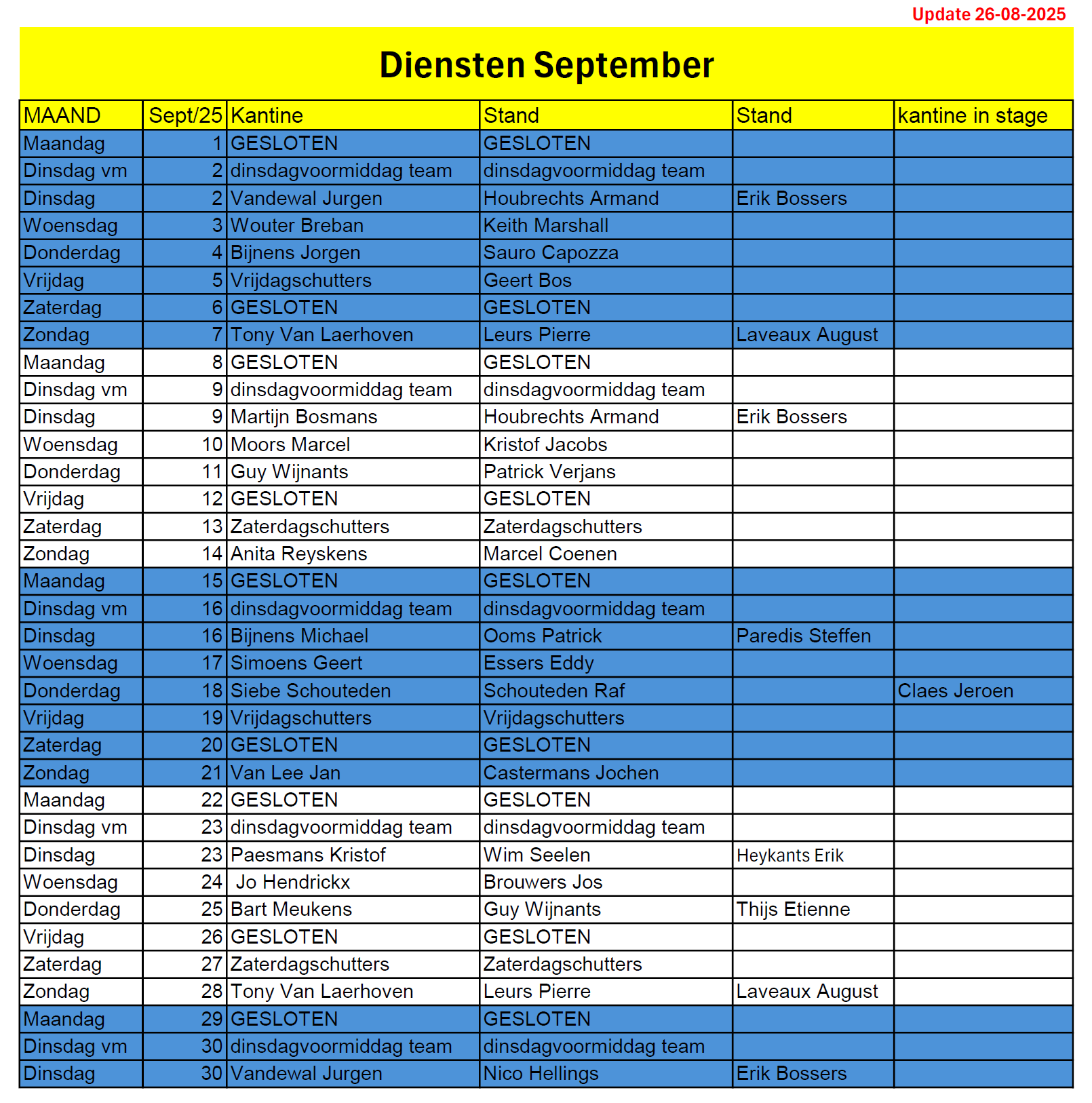 Dienstrooster September 2025